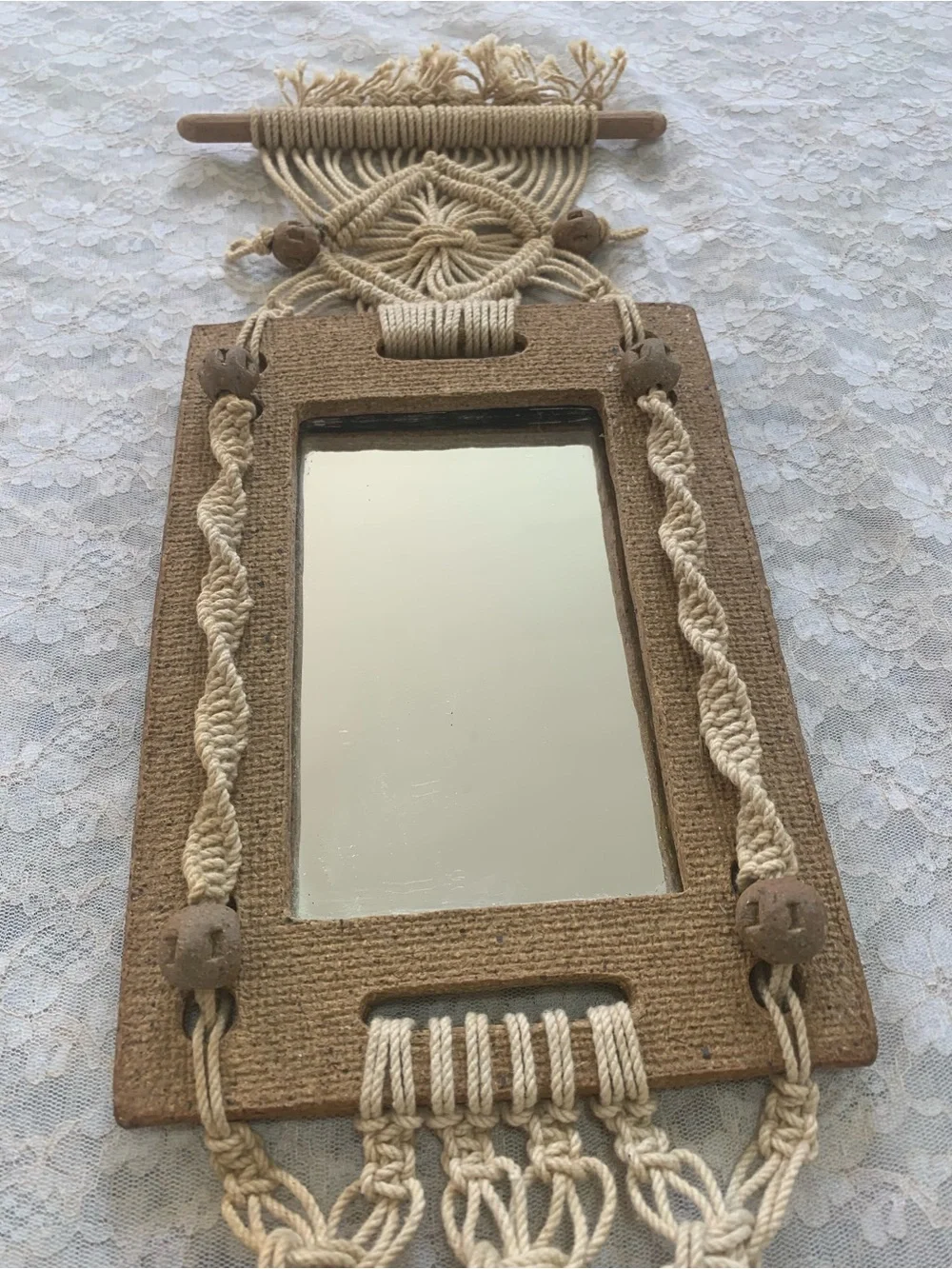 Vintage Boho Macrame Mirror Wall Hanging Textured Craft Frame & Tassels Decor
